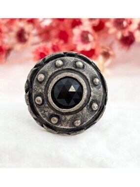 Silver Toned Oxidized Round Brutalist Beaded Vintage Ring - sz 6.75